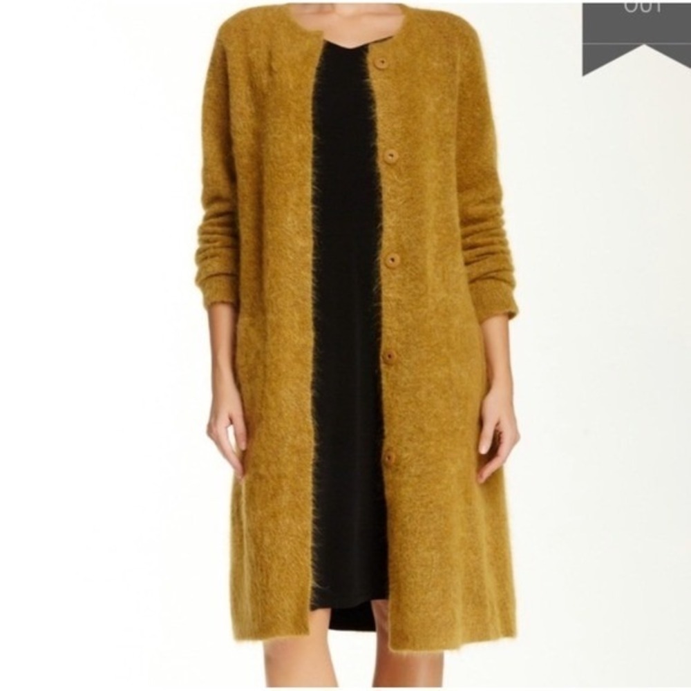 Eileen Fisher Mohair Wool Blend Long Cardigan Sweater Mustard Yellow Ochre Small